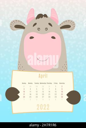2022 april calendar, cute cow animal holding a monthly calendar sheet, hand drawn childish style Stock Vector