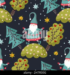 Cute gnome seamless pattern, winter cartoon kids background Stock Vector