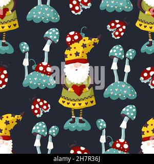 Cute gnome seamless pattern, winter cartoon kids background Stock Vector