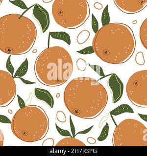 Summer citrus orange fruit cartoon doodle seamless pattern Stock Vector