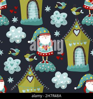 Cute gnome seamless pattern, winter cartoon kids background Stock Vector