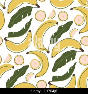 Summer banana fruit cartoon doodle seamless pattern Stock Vector