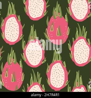 Summer dragon fruit tropical cartoon doodle seamless pattern Stock Vector
