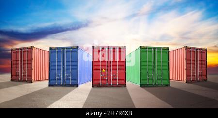 Composition of containers on the ground in a port Stock Photo