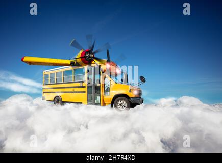 School bus as plain flying high in the clouds sky Stock Photo