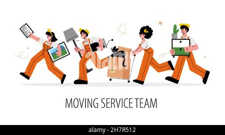 Relocation or moving service concept. Group of people in uniform help to move quickly and efficiently.Men and women workers carry boxes and furniture. Stock Vector