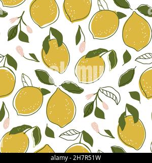 Summer yellow lemon fruit cartoon doodle seamless pattern Stock Vector
