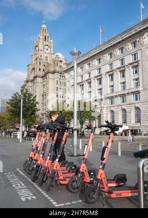Electric scooters,pink,red,scooters,owned,by,Voi,company,at Pier Head,Royal Liver Building,on,the,street,for,hire,rent,via,an,app,as,a,trial,period,to,see,if,they,are,safe,and,suitable,for,general,public,usage.Illegal,in,most,cities,in,UK,Liverpool,Merseyside,north,northern,city,north west,England,English,GB,UK,United Kingdom,Europe, Stock Photo