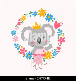 Cute cartoon koala bear girl in floral wreath with crown on the head.Vector flat illustration for poster,-shirt,postcard,child apparel. The koala smil Stock Vector