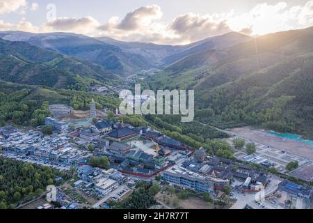 Aerial view of the temples on Wutai Mountain in the morning, Shanxi Province, China Stock Photo