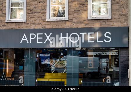 Edinburgh, Scotland- Nov 20, 2021: The front of Apex Hotels in Edinburgh City centre.
