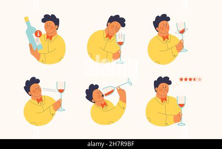 Set of vector cute illustrations for wine tasting. Cute man is exploring the wine for taste, drink, swirl, aroma, appreciation. Isolated objects for Stock Vector