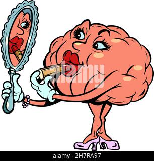 a woman paints her lips in front of a mirror, makeup human brain character, smart wise Stock Vector