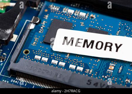 Laptop computer RAM memory stick module installed, object detail, macro, extreme closeup, nobody. Disassembled netbook, ram replacement and service up Stock Photo