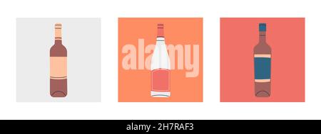 Set of vector flat bottles of wine. Labels without inscriptions. Illustration for bar or restaurant menu design. Stock Vector