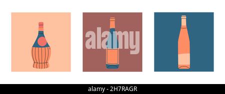 Set of vector flat bottles of wine. Labels without inscriptions. Illustration for bar or restaurant menu design. Stock Vector