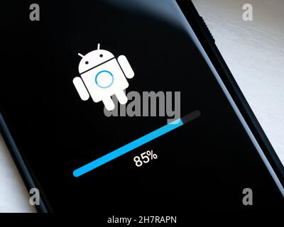 Android phone update installing, loading screen, smartphone display closeup. Updating mobile device firmware, software upgrade concept, object up clos Stock Photo