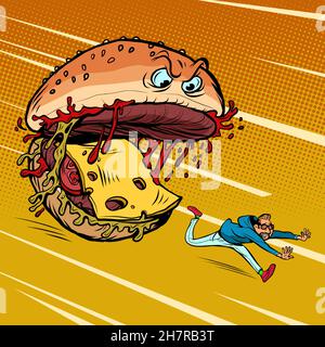 Cheeseburger monster character eats a human. Dangerous fast food. Food Attack Stock Vector