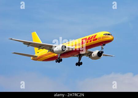 RAF Fairford, Gloucestershire, UK - July 16, 2017: A Boeing 757-236SF DHL Air Cargo Plane at the RIAT 2017 Stock Photo