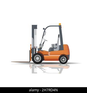 New industrial forklift truck with reflection from the floor isolated on white background. Storage equipment. Flat vector illustration. Stock Vector