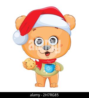 Merry Christmas. Funny bear in Santa hat drinking cocoa and eating cookie. Cute little bear cartoon character. Stock vector illustration Stock Vector