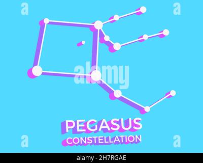 Pegasus constellation 3d symbol. Constellation icon in isometric style on blue background. Cluster of stars and galaxies. Vector illustration Stock Vector