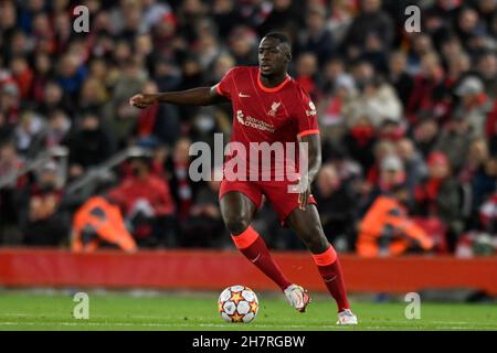 Liverpool, UK. 24th Nov, 2021. Ibrahima Konate #5 of Liverpool with the ball in Liverpool, United Kingdom on 11/24/2021. (Photo by Simon Whitehead/News Images/Sipa USA) Credit: Sipa USA/Alamy Live News Stock Photo