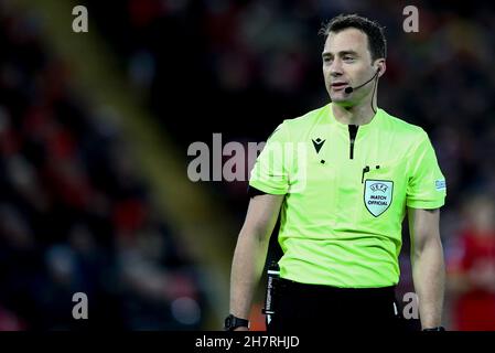 Liverpool, UK. 24th Nov, 2021. Referee Felix Zwayer looks on. UEFA Champions league, group B match, Liverpool v Porto at Anfield Stadium in Liverpool on Wednesday 24th November 2021. this image may only be used for Editorial purposes. Editorial use only, license required for commercial use. No use in betting, games or a single club/league/player publications. pic by Chris Stading/Andrew Orchard sports photography/Alamy Live news Credit: Andrew Orchard sports photography/Alamy Live News Stock Photo