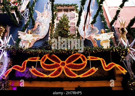 Athens, Greece - November 22, 2021 Traditional christmas decorations in the streets of Athens during the coronavirus outbreak hitting Greece, wearing Stock Photo