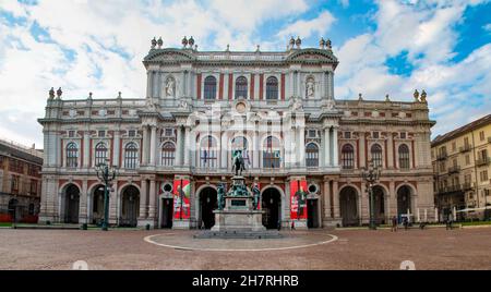 Beautiful architecture & ornate statues of the Piazza Carlo Alberto, Turin, Piedmont, Italy Stock Photo