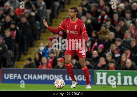 Liverpool, UK. 24th Nov, 2021. Joel Matip #32 of Liverpool with the ball in Liverpool, United Kingdom on 11/24/2021. (Photo by Simon Whitehead/News Images/Sipa USA) Credit: Sipa USA/Alamy Live News Stock Photo