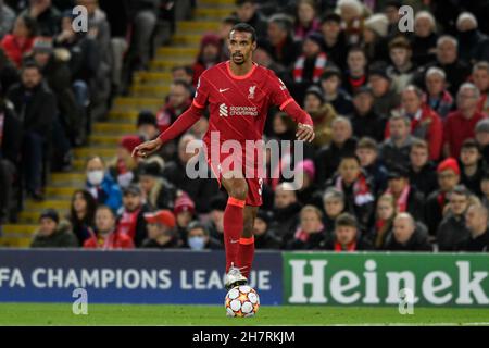 Liverpool, UK. 24th Nov, 2021. Joel Matip #32 of Liverpool with the ball in Liverpool, United Kingdom on 11/24/2021. (Photo by Simon Whitehead/News Images/Sipa USA) Credit: Sipa USA/Alamy Live News Stock Photo