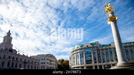 Tbilisi,Georgia - 11-03-2016:Freedom Square in the Georgian capital with the Statue of St. George Stock Photo