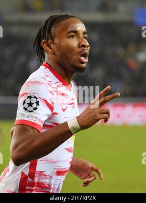 24 November 2021, Belgium, Brügge: Football: Champions League, FC Brugge - RB Leipzig, Group stage, Group A, Matchday 5, Jan Breydel Stadium. Leipzig's Christopher Nkunku celebrates his 0:5. Photo: Bernd Thissen/dpa Stock Photo