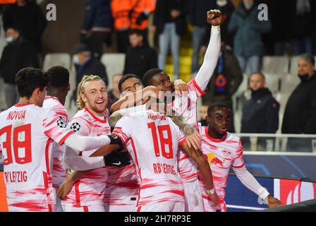 24 November 2021, Belgium, Brügge: Football: Champions League, FC Brugge - RB Leipzig, Group stage, Group A, Matchday 5, Jan Breydel Stadium. Leipzig's players celebrate the 0:5. Photo: Bernd Thissen/dpa Stock Photo