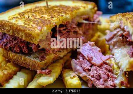 Corned Beef on Hot Reuben Sandwich Stock Photo
