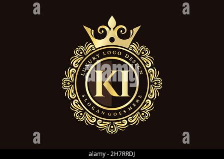 KI Initial Letter Gold calligraphic feminine floral hand drawn heraldic monogram antique vintage style luxury logo design Premium Stock Vector