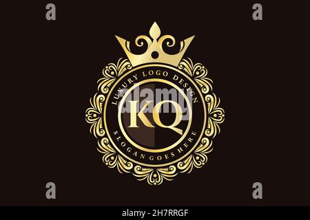 KQ Initial Letter Gold calligraphic feminine floral hand drawn heraldic monogram antique vintage style luxury logo design Premium Stock Vector