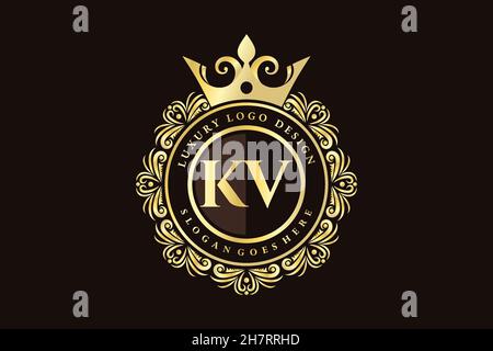 KV Initial Letter Gold calligraphic feminine floral hand drawn heraldic monogram antique vintage style luxury logo design Premium Stock Vector