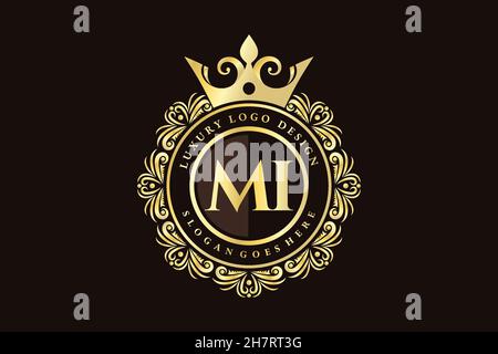 MI Initial Letter Gold calligraphic feminine floral hand drawn heraldic monogram antique vintage style luxury logo design Premium Stock Vector
