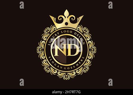 ND Initial Letter Gold calligraphic feminine floral hand drawn heraldic monogram antique vintage style luxury logo design Premium Stock Vector
