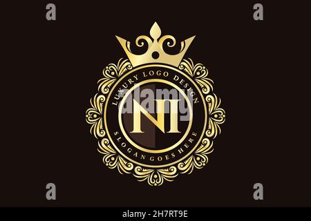 NI Initial Letter Gold calligraphic feminine floral hand drawn heraldic monogram antique vintage style luxury logo design Premium Stock Vector