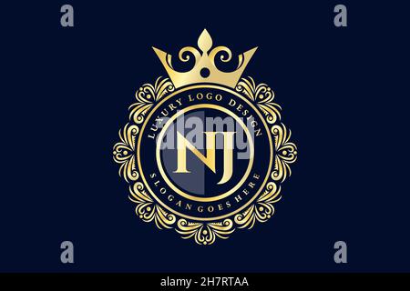 NJ Initial Letter Gold calligraphic feminine floral hand drawn heraldic monogram antique vintage style luxury logo design Premium Stock Vector