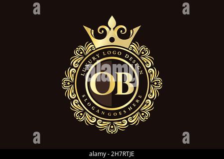 OB Initial Letter Gold calligraphic feminine floral hand drawn heraldic monogram antique vintage style luxury logo design Premium Stock Vector