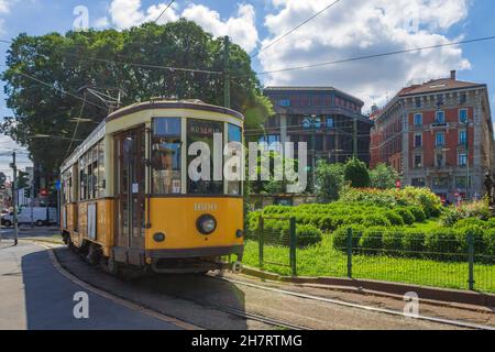 Historic tram in Milan, Italy. Transportation Stock Photo