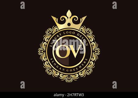 OV Initial Letter Gold calligraphic feminine floral hand drawn heraldic monogram antique vintage style luxury logo design Premium Stock Vector