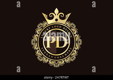 PD Initial Letter Gold calligraphic feminine floral hand drawn heraldic monogram antique vintage style luxury logo design Premium Stock Vector