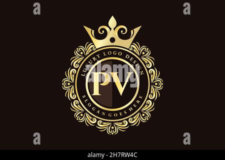 PV Initial Letter Gold calligraphic feminine floral hand drawn heraldic monogram antique vintage style luxury logo design Premium Stock Vector