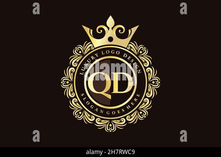 QD Initial Letter Gold calligraphic feminine floral hand drawn heraldic monogram antique vintage style luxury logo design Premium Stock Vector
