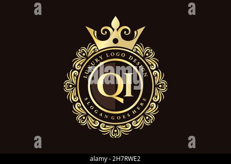 QI Initial Letter Gold calligraphic feminine floral hand drawn heraldic monogram antique vintage style luxury logo design Premium Stock Vector